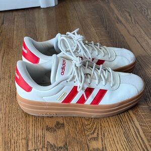 adidas White Sneakers with Red Stripes and Gum Platform Sole